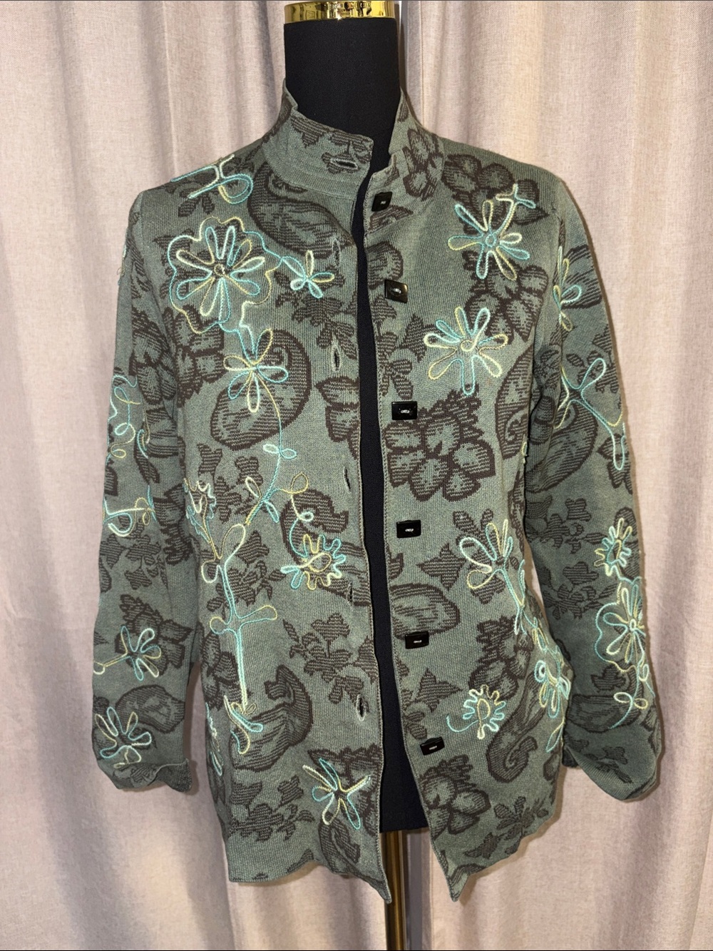 Sigrid Olsen Green Floral Embroidered Stand-Collar Jacket
